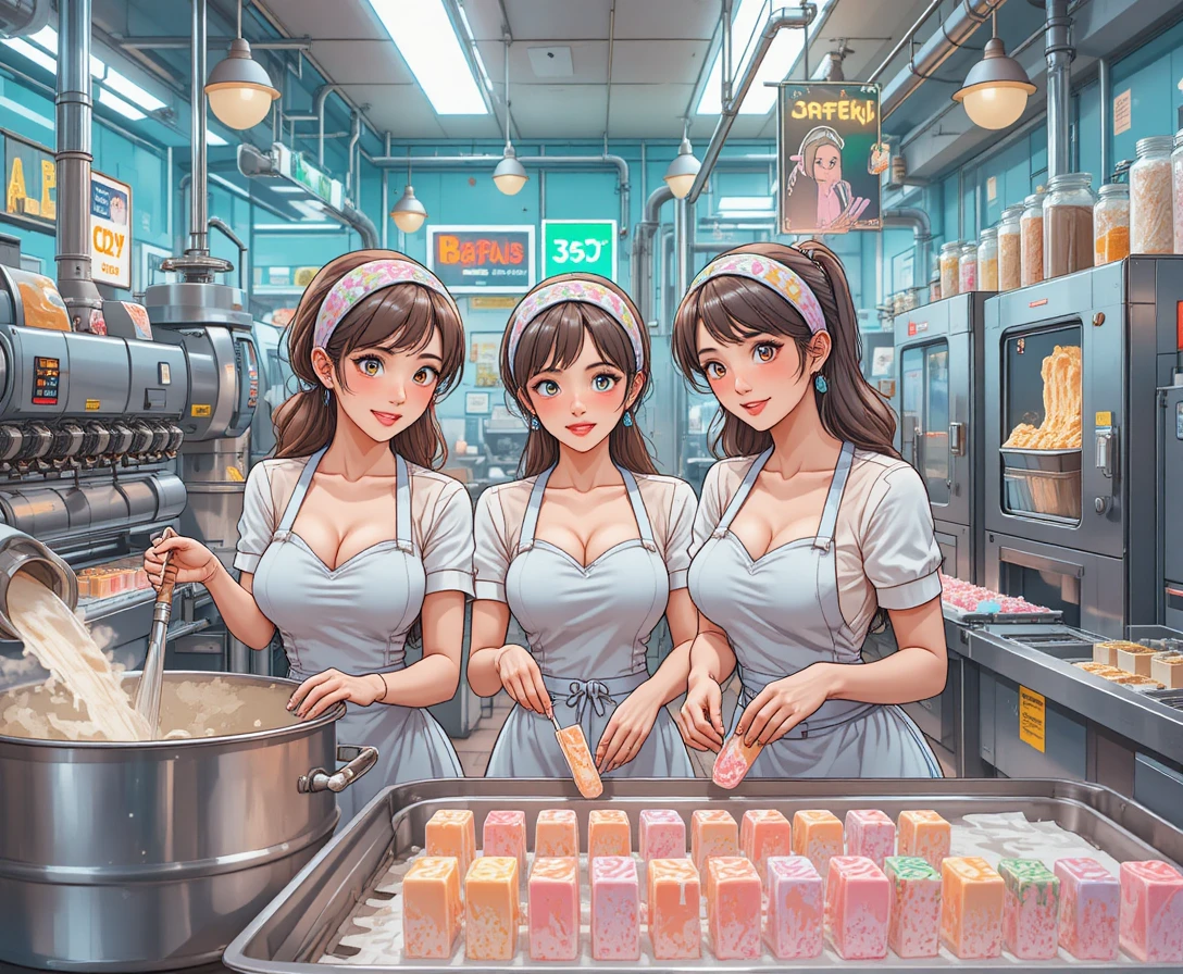 Three anime women working in a cheerful ice cream factory
