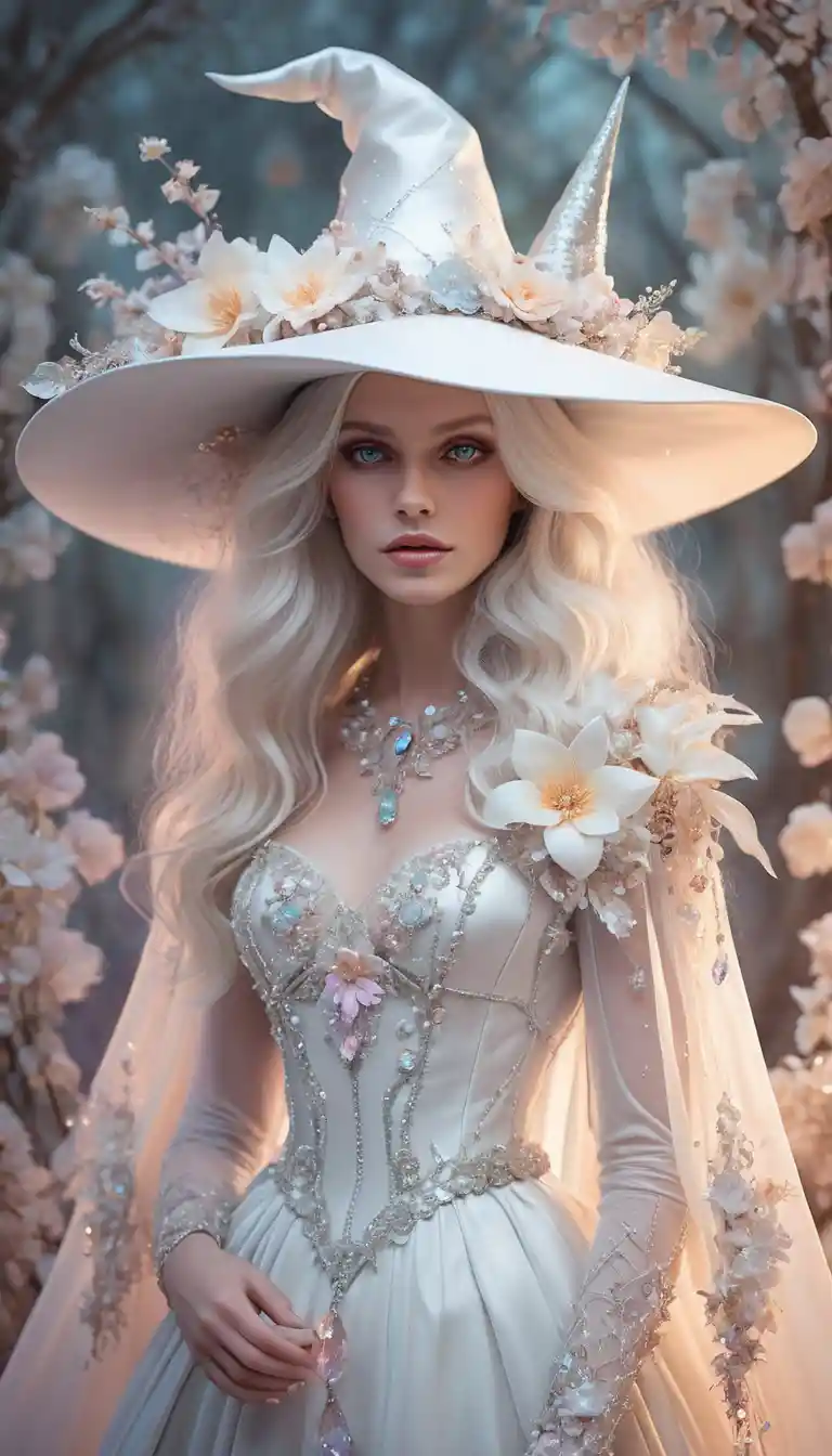 Ethereal white witch with floral hat in soft pastel tones