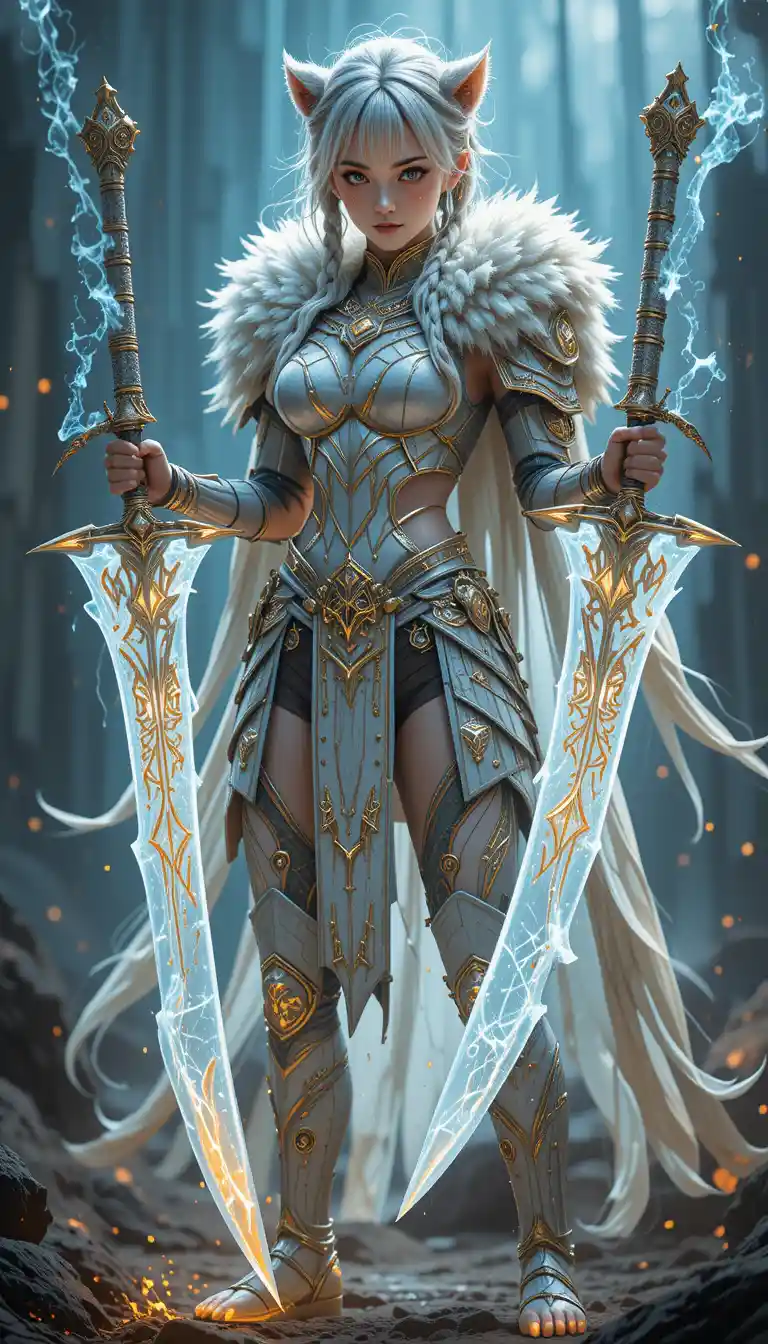 Platinum haired warrior woman with glowing crystal blades