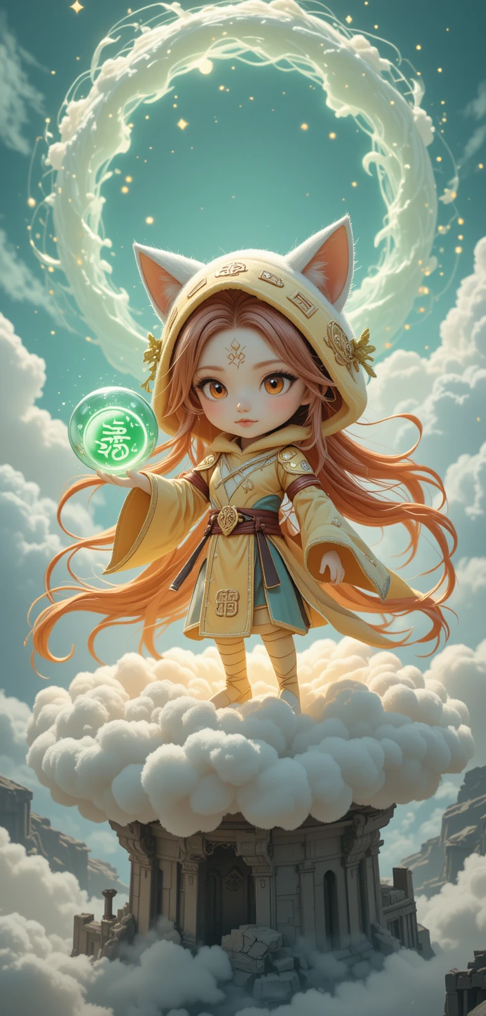 Semi chibi feline warrior on floating mystical cloud