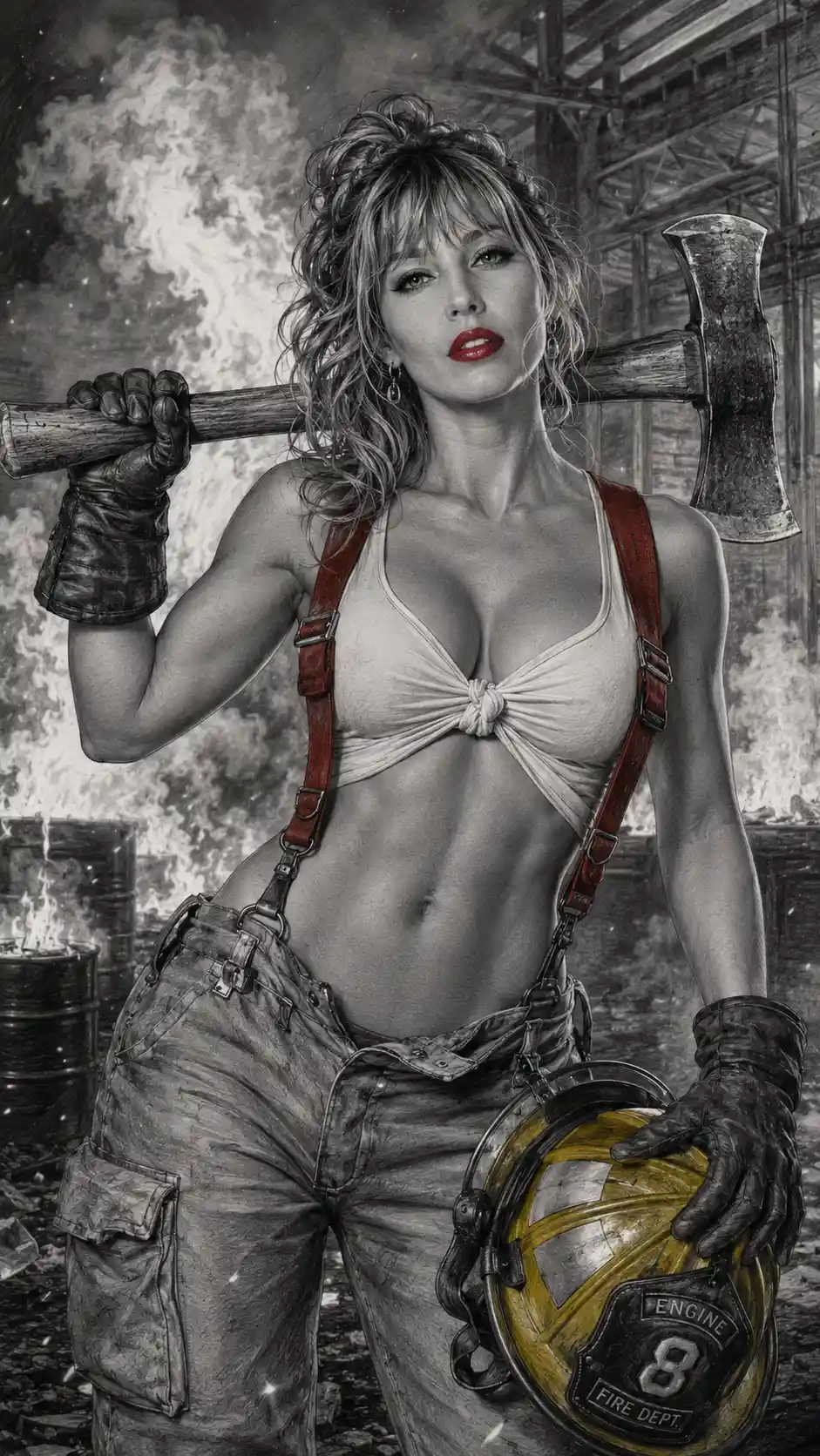 Pin up woman firefighter with axe in burning warehouse