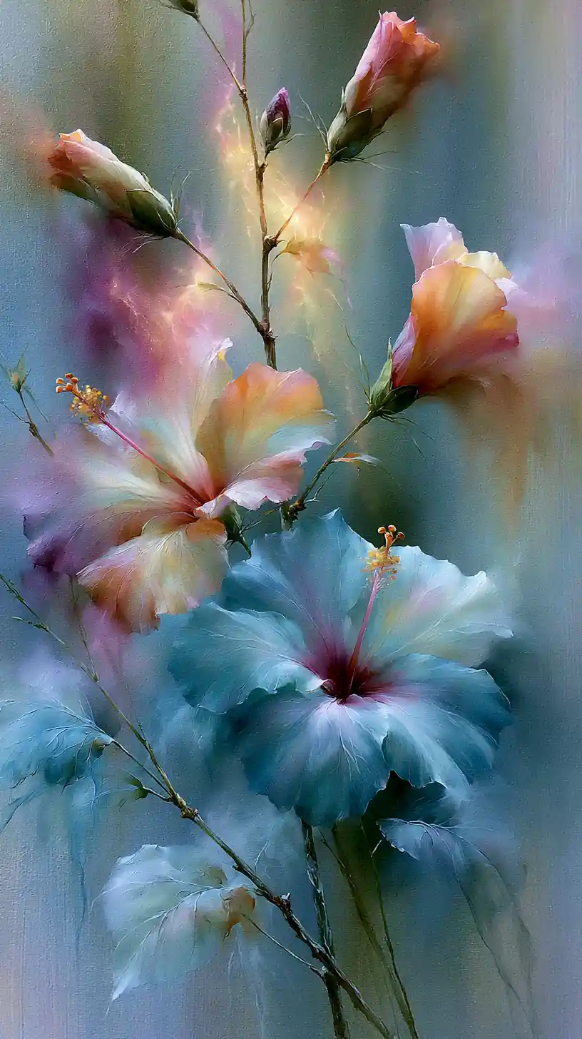 Ethereal hibiscus branch glowing against an abstract backdrop