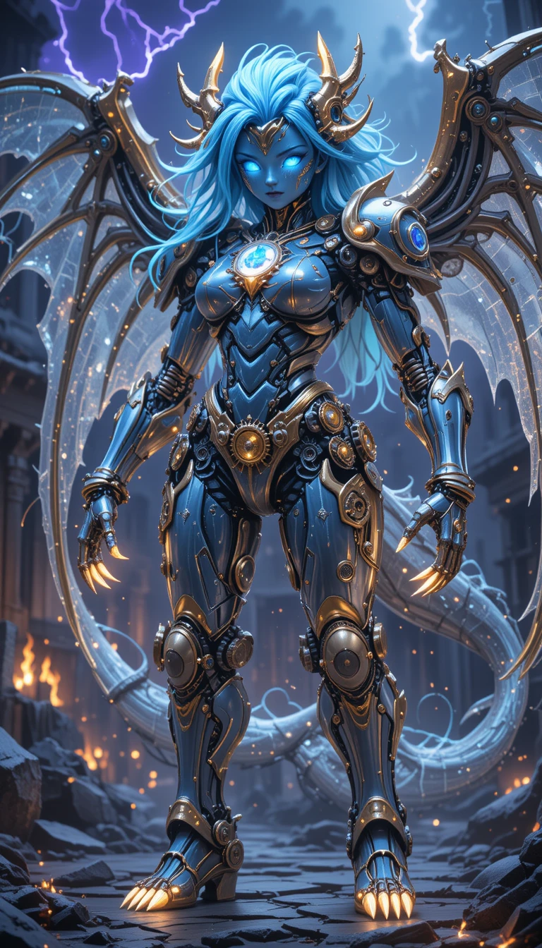 Chibi clockwork warrior queen in shattered crystal ruins