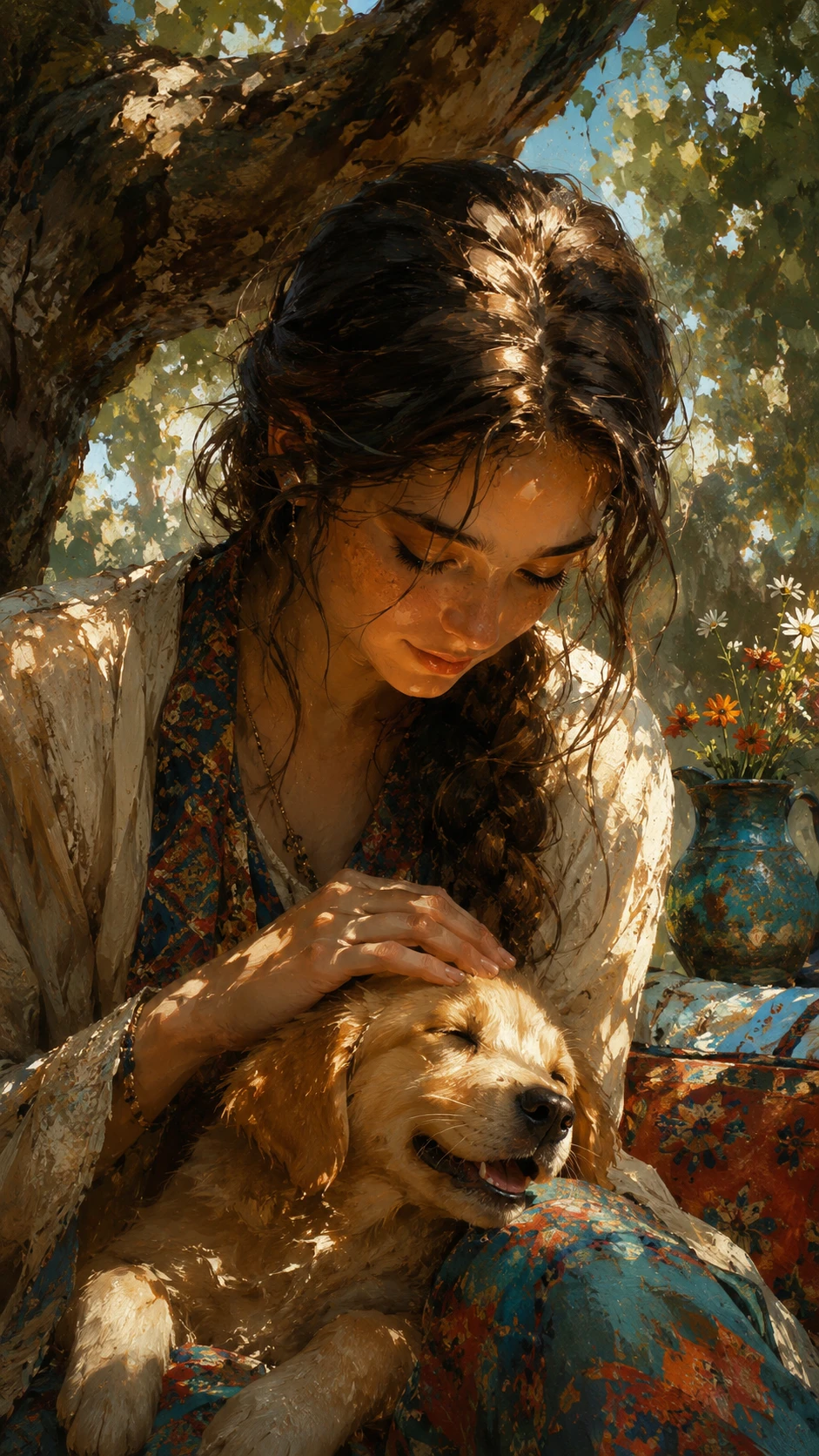 Ilustración de niña con cachorro entre matorrales secos a la luz del sol