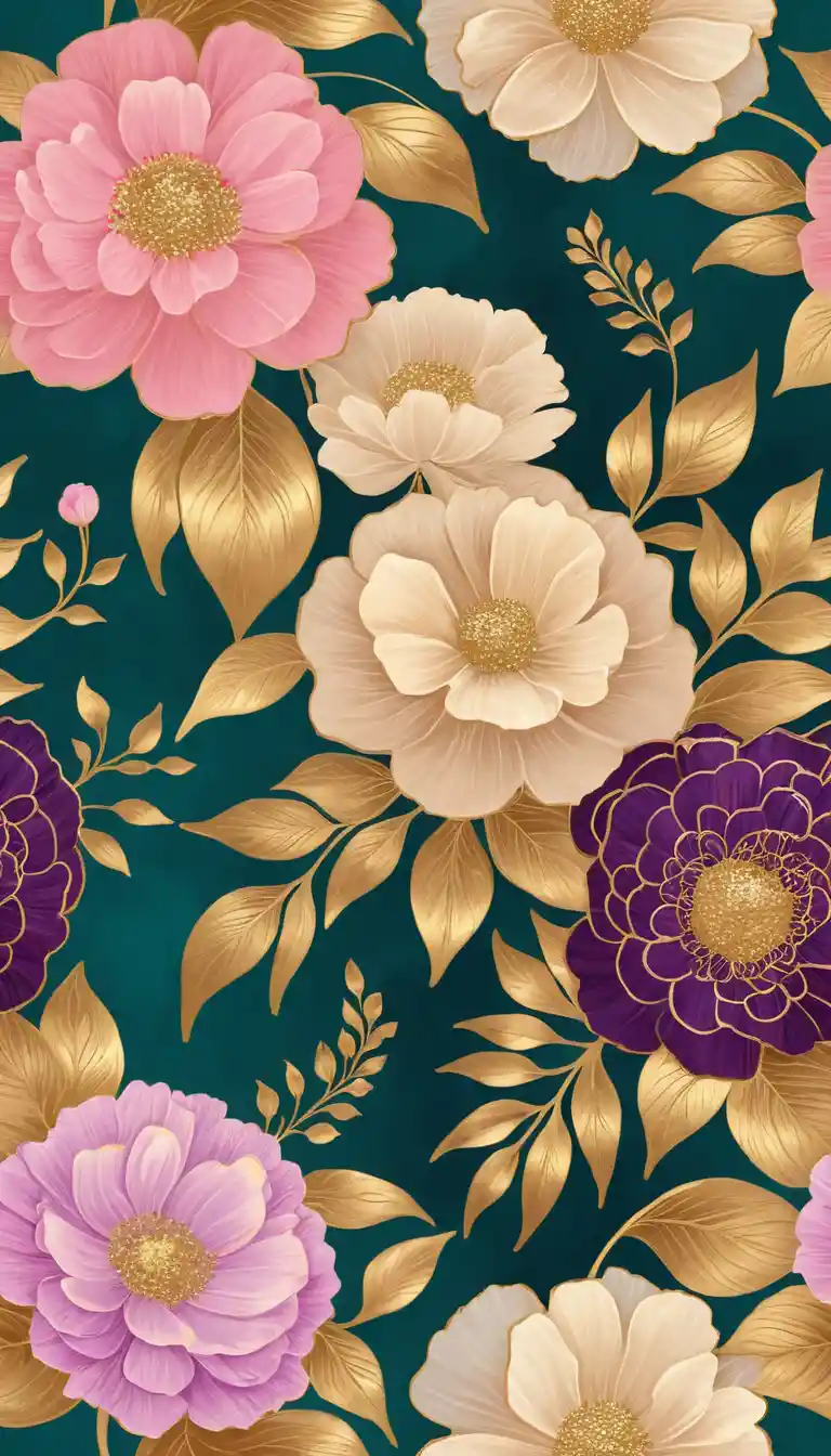 Dreamy floral painting in gold pink and teal tones