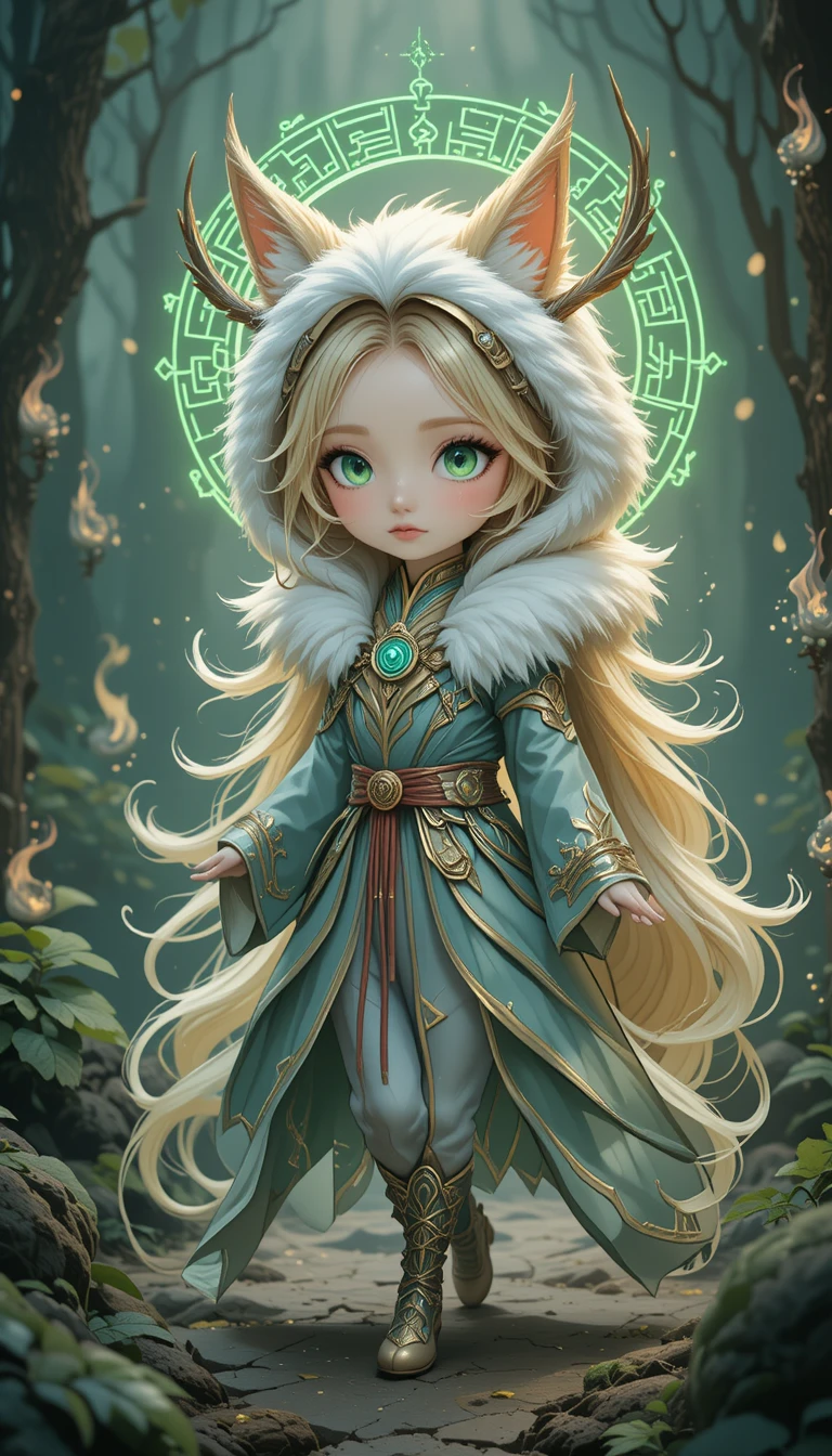 Chibi feline warrior walking through a misty ancient forest