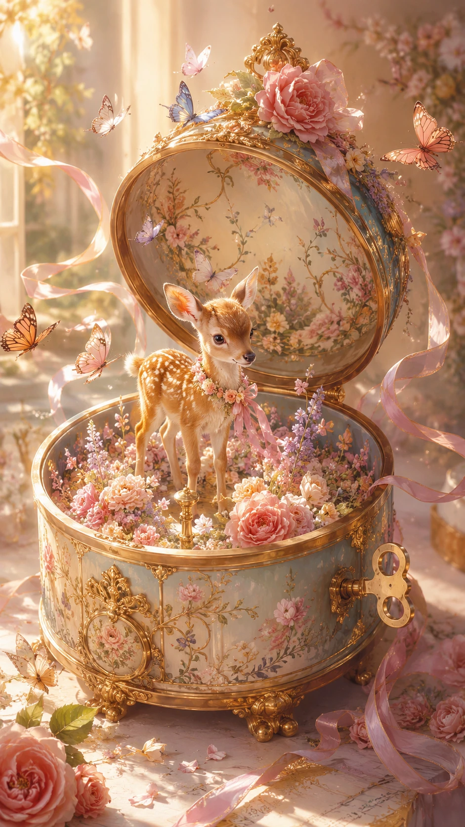 Pequeño cervatillo en una escena de fantasía con caja de música floral