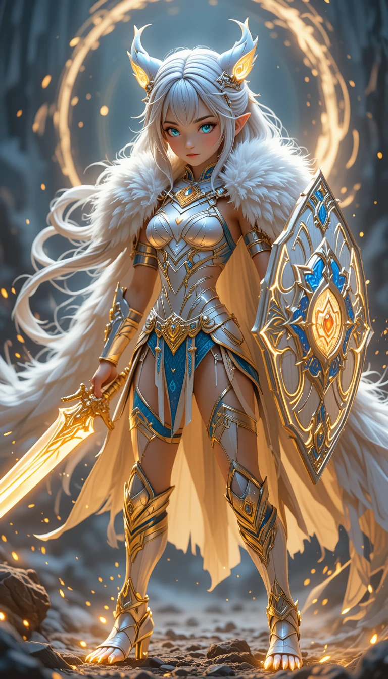 Semi chibi ice warrior woman in glowing battle armor