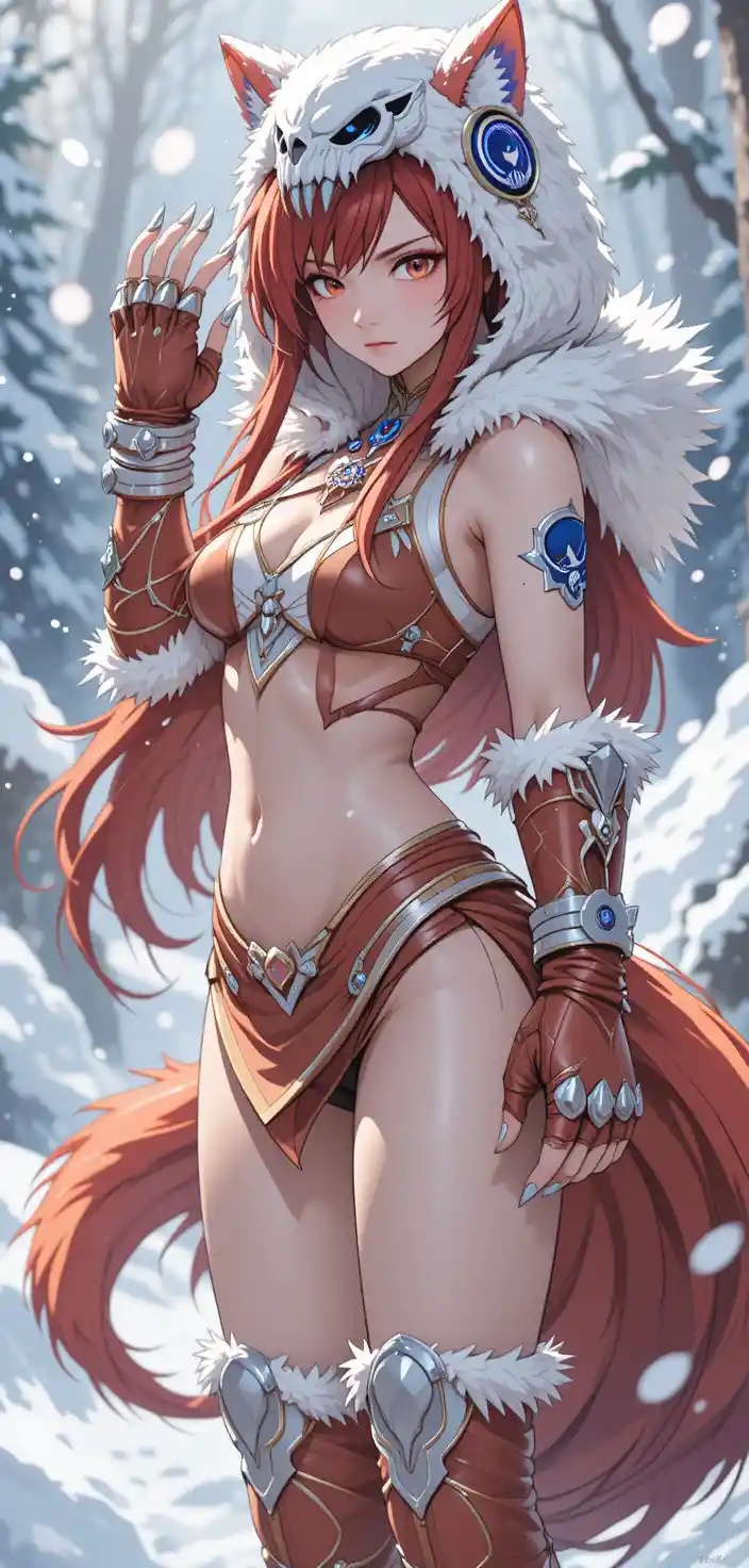 Anime wolf warrior woman in snowy white landscape