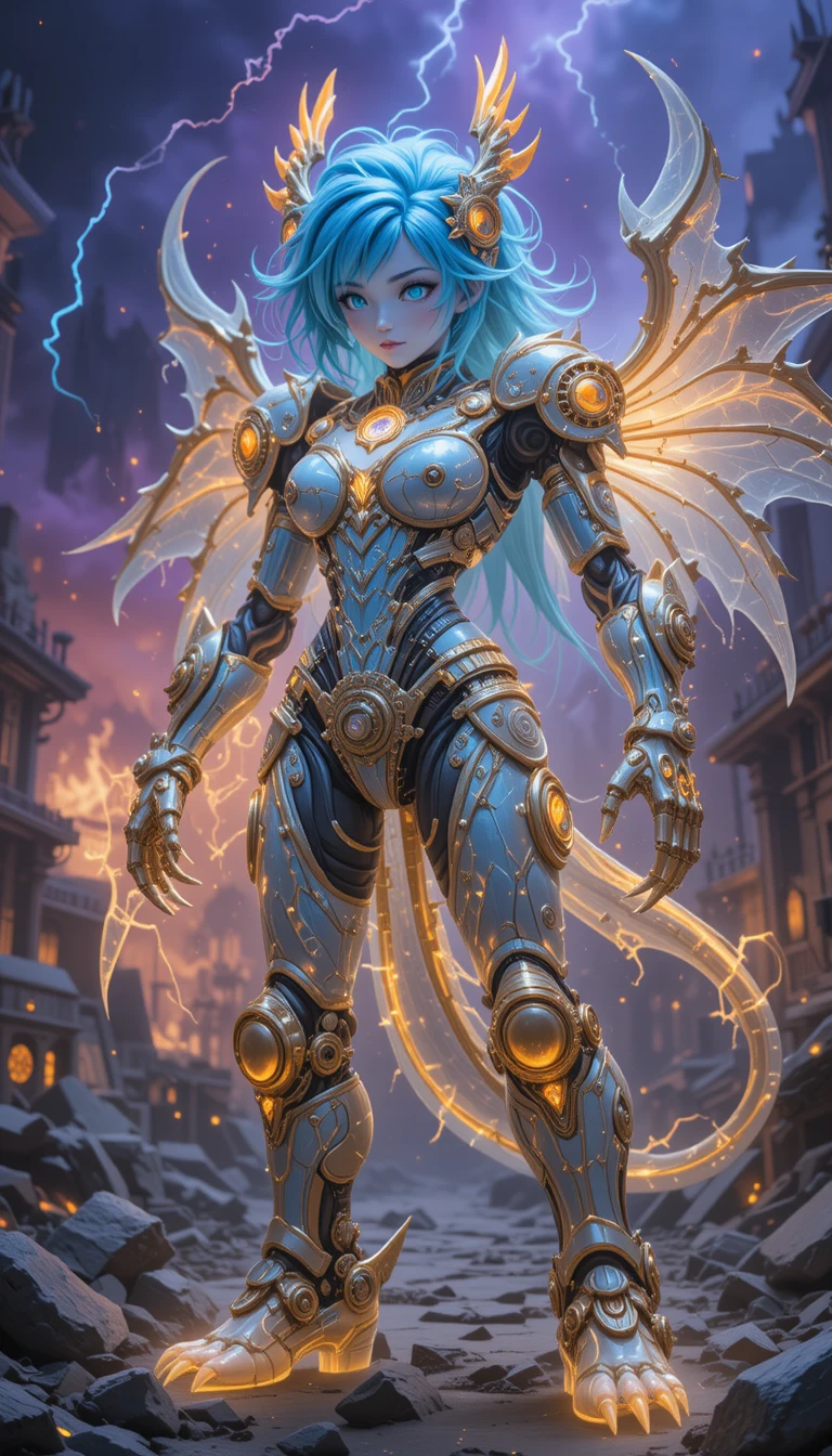Chibi biomechanical warrior queen glowing amid shattered ruins