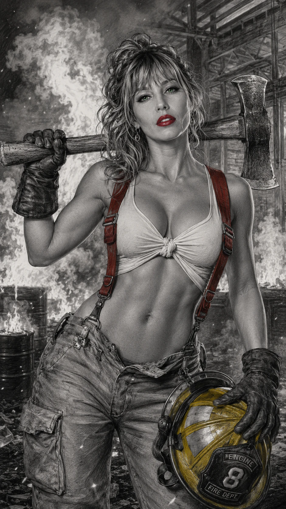 Pin up woman firefighter with axe in burning warehouse