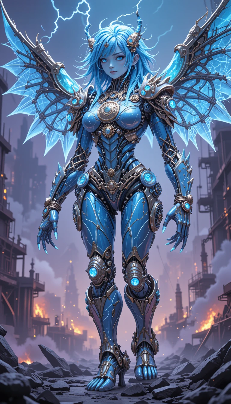Icy biomechanical warrior queen amid burning crystal ruins