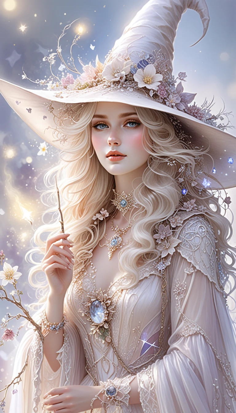 Ethereal white witch with floral hat in soft tones