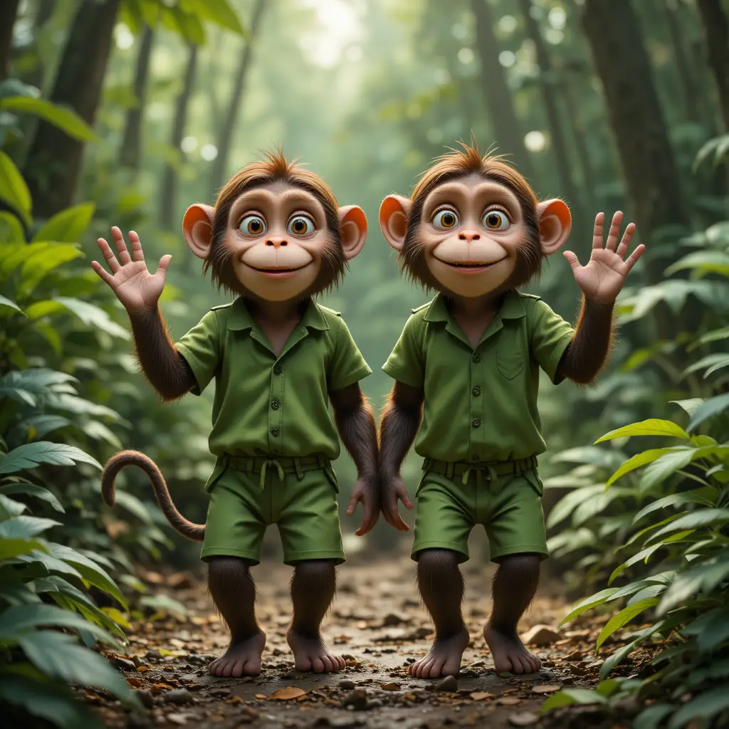 Two playful monkeys in leaf clothes in green forest
