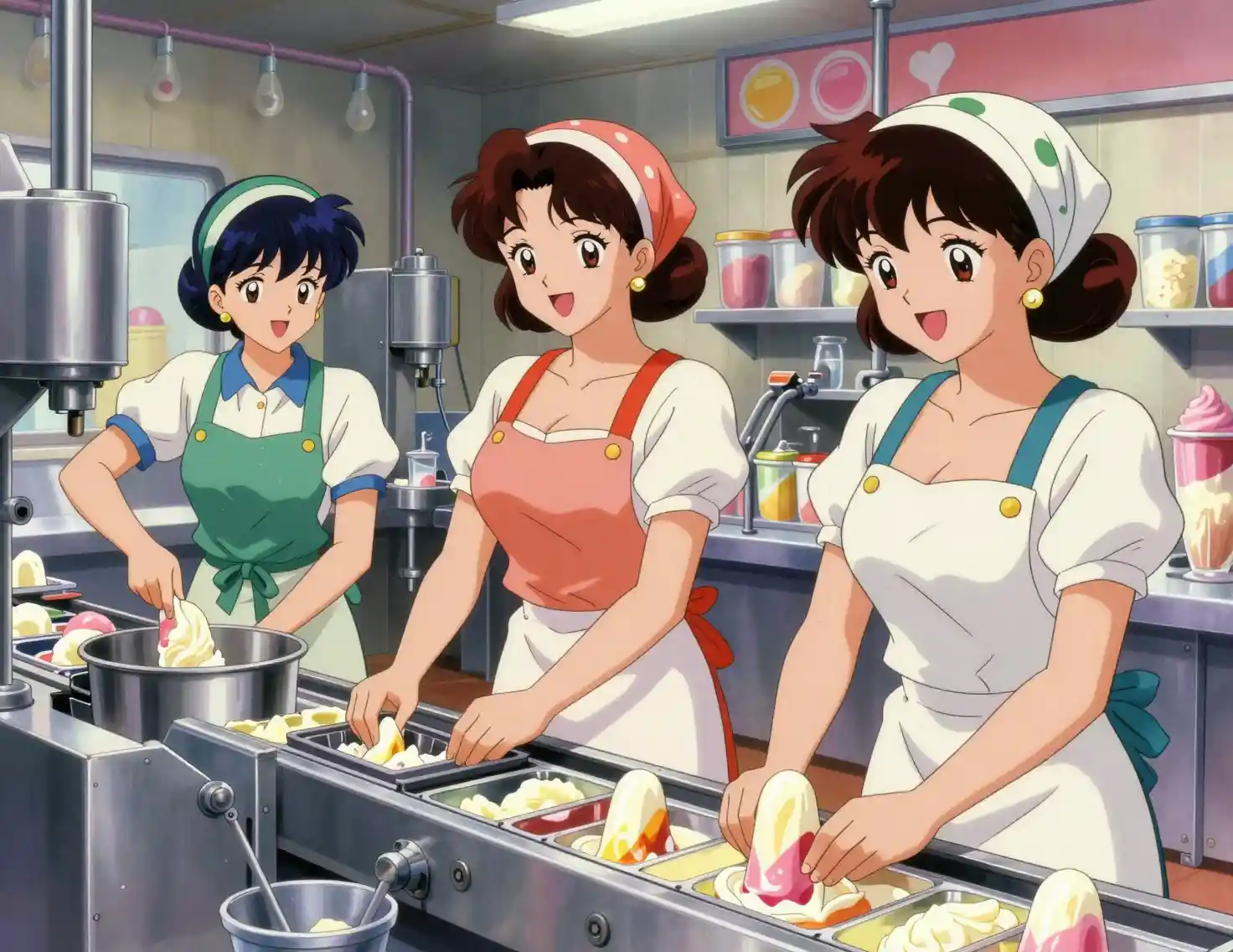 楽しげなアイスクリーム工場で働く3人のアニメ女性