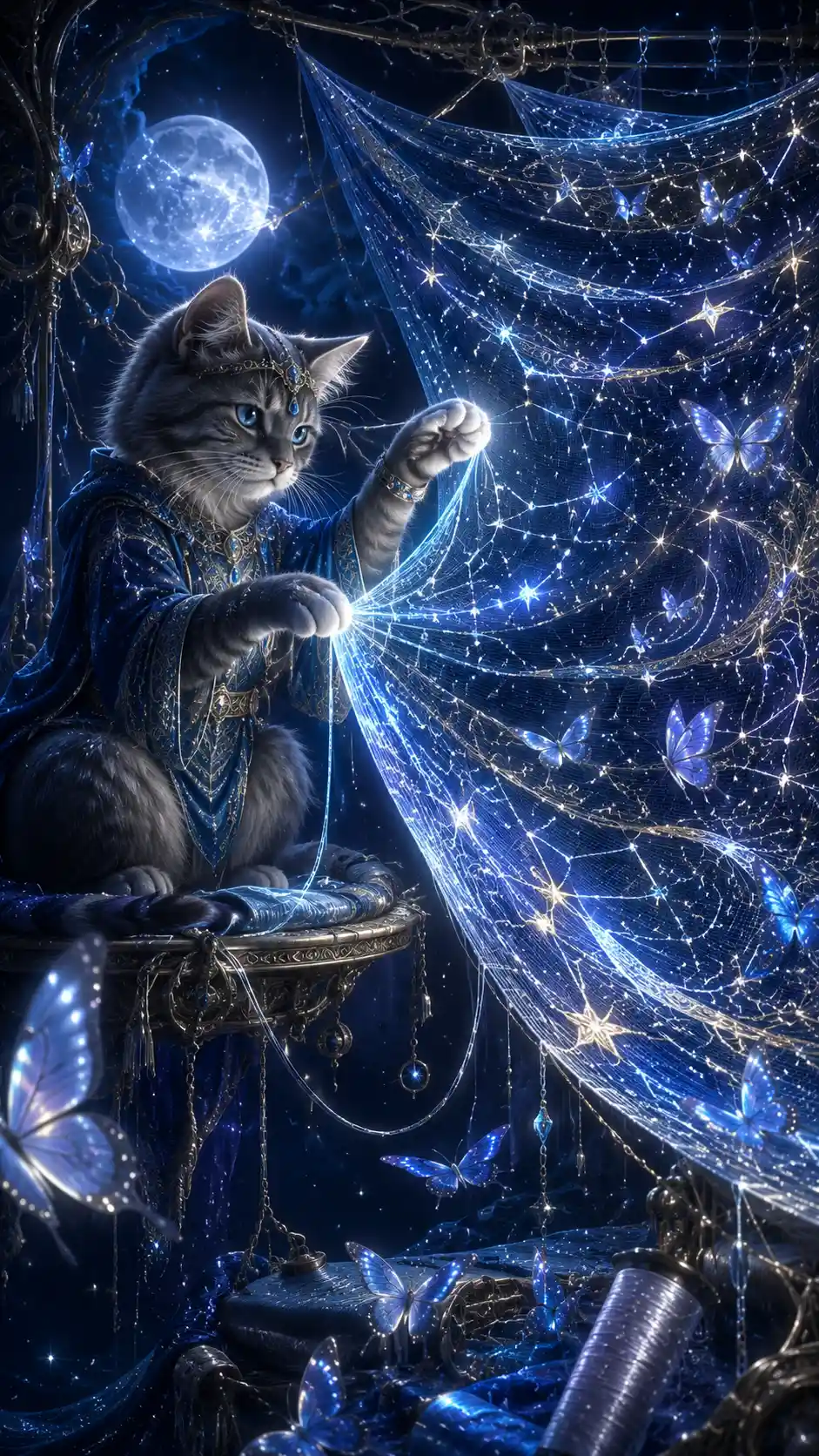 Magical cat weaving glowing moonlit threads across the sky