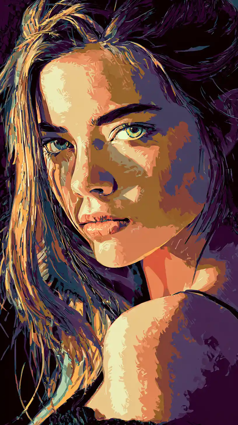 Anime girl with glowing eyes in abstract digital halo