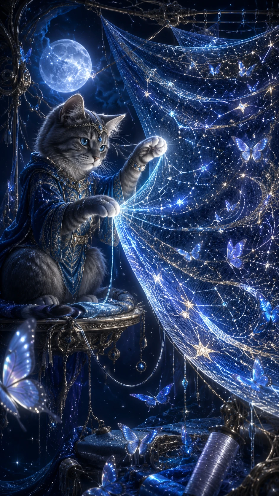 Gato mágico tejiendo brillantes hilos de luz de luna a través del cielo