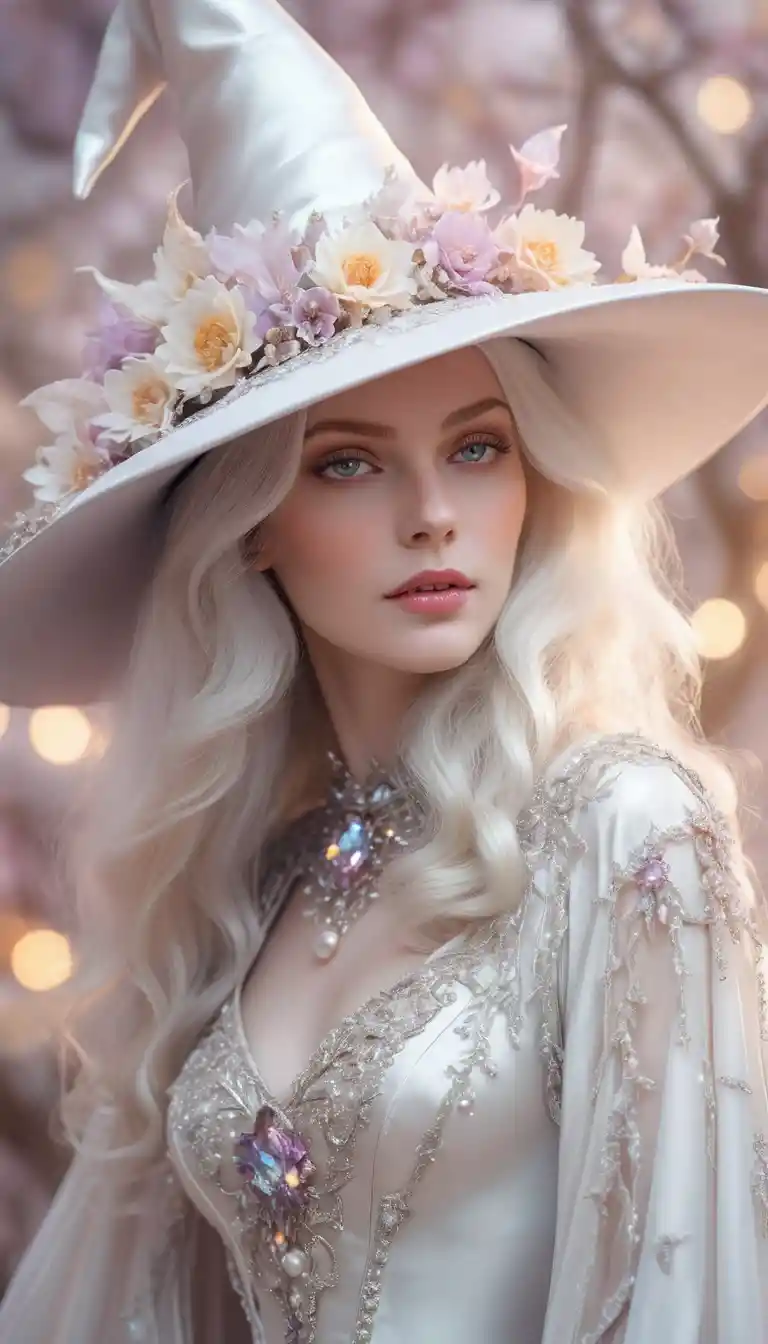 Ethereal white witch with floral hat in pastel tones