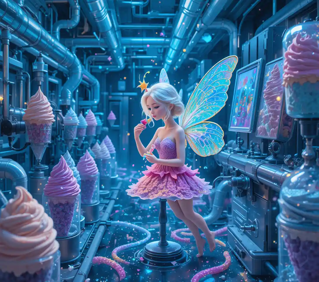 Fairy Sampling Frosting In A Holographic Ice Cream Factory