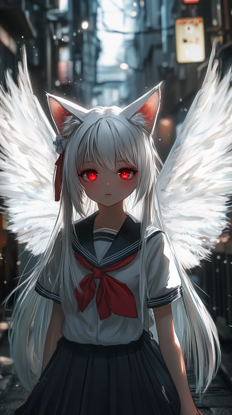 Anime girl with angel wings in a dark city alley