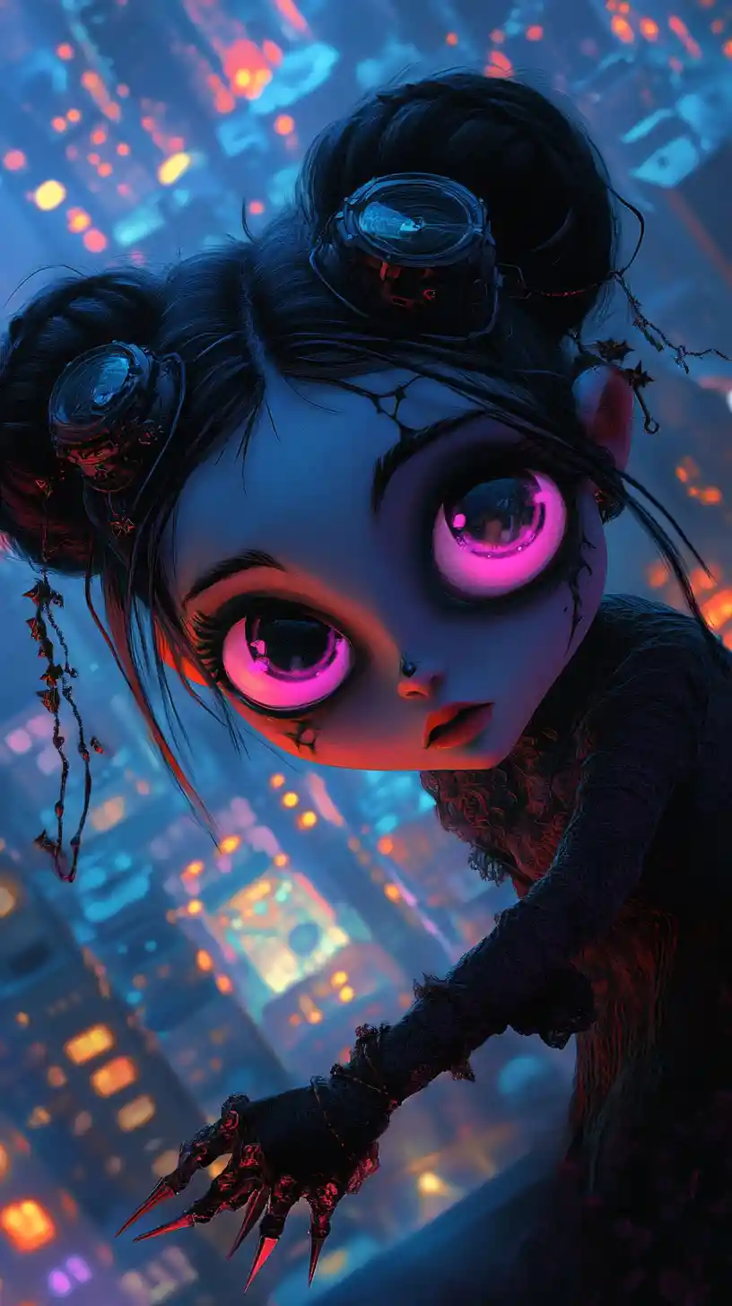 Gothic girl above a glowing night cityscape