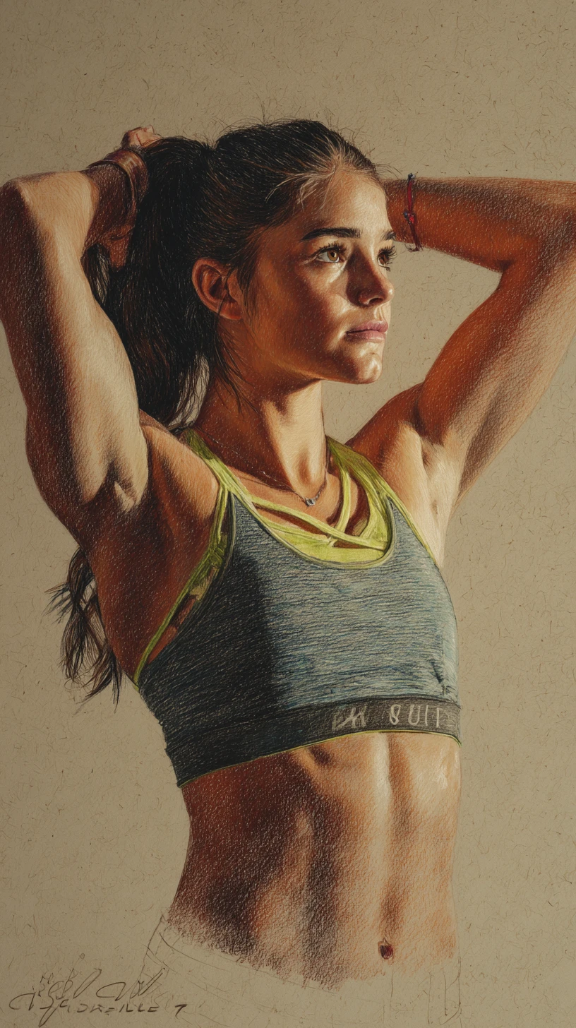 Female pole vaulter adjusting ponytail in colored pencil drawing