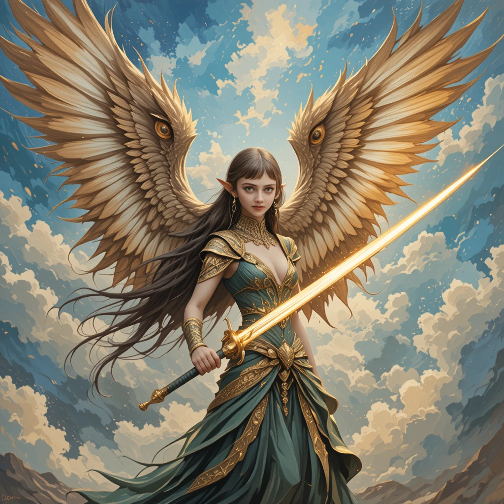 Winged elf warrior soaring through bright cloudy sky