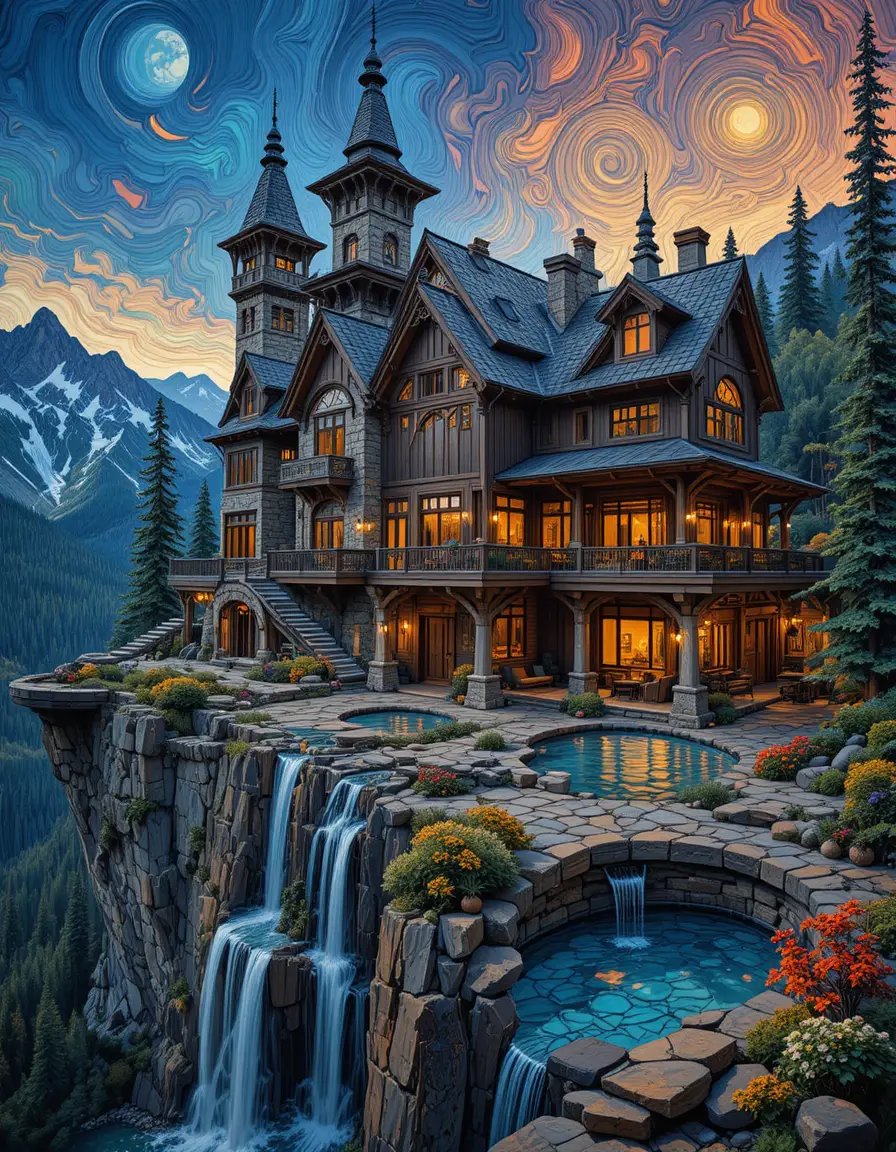 Fantasy mountain house with cascading cliffside pools