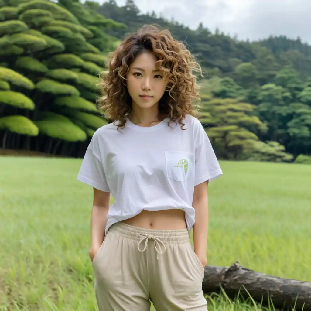Mujer japonesa de pie en un campo en un día nublado