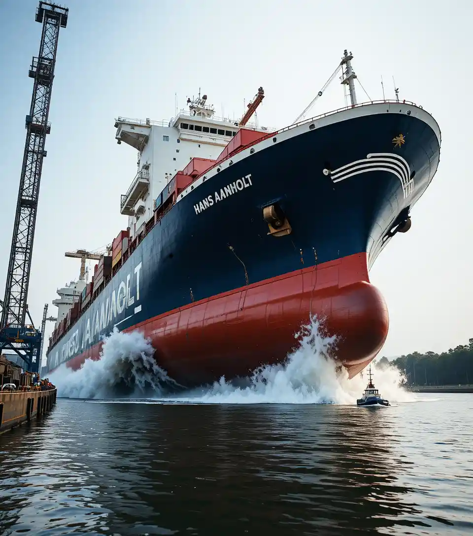 Stapellauf eines Frachtschiffs mit spritzender Gischt in einem ruhigen Hafen