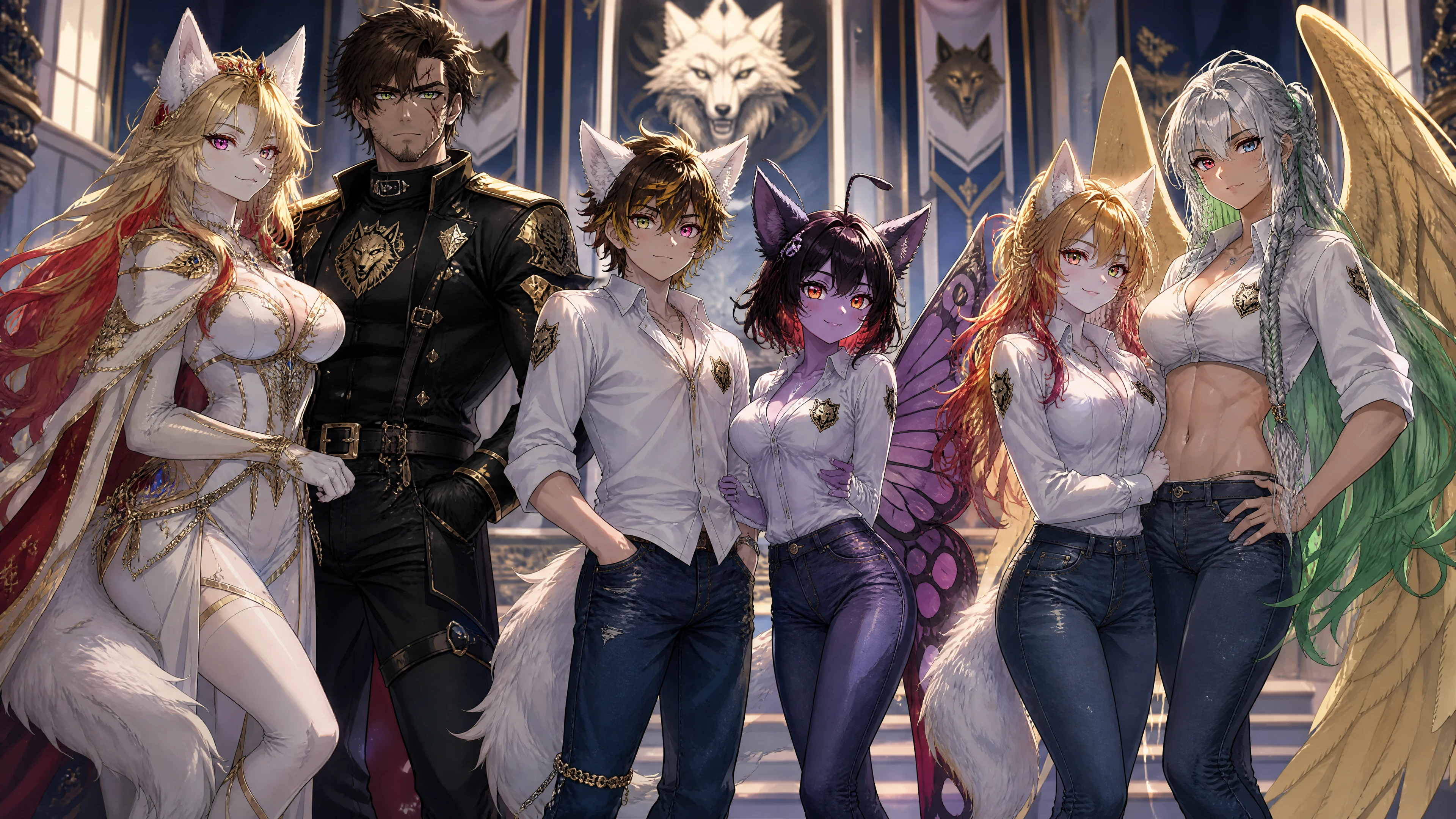 Regal wolf queen with royal garments and calm presence