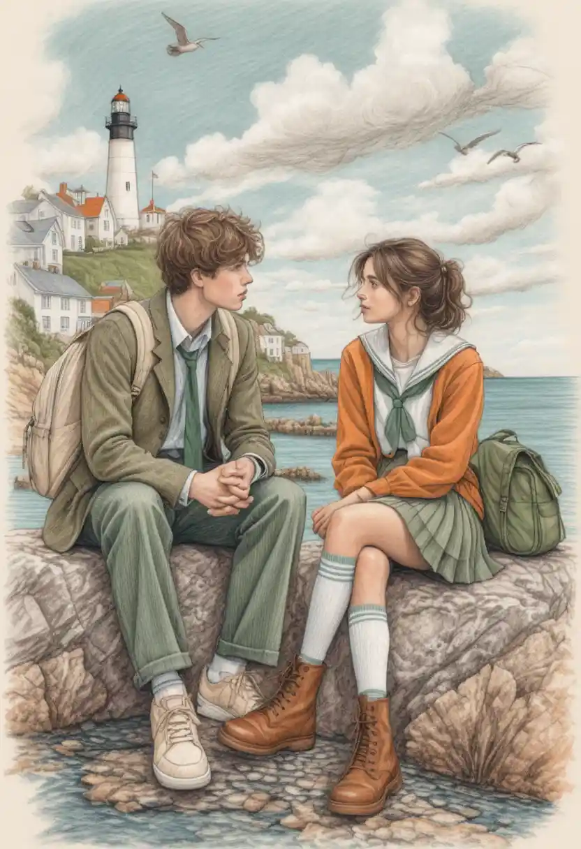 Teenage couple talking on a seaside rock illustration