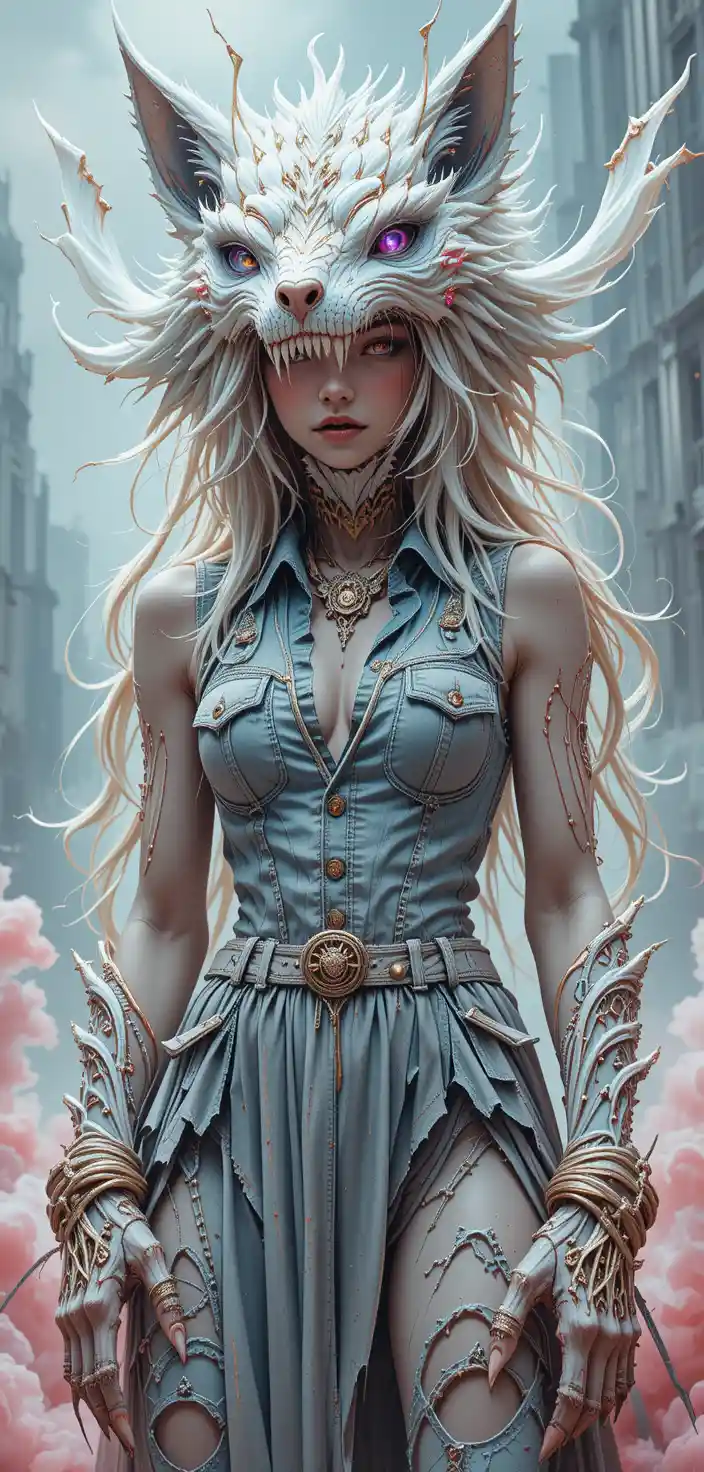 Wolf hooded battle girl on bridge in white fantasy city