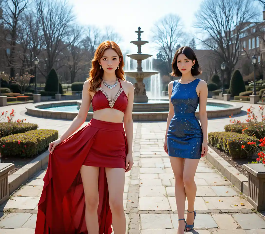 Two stylish women posing in an elegant garden plaza