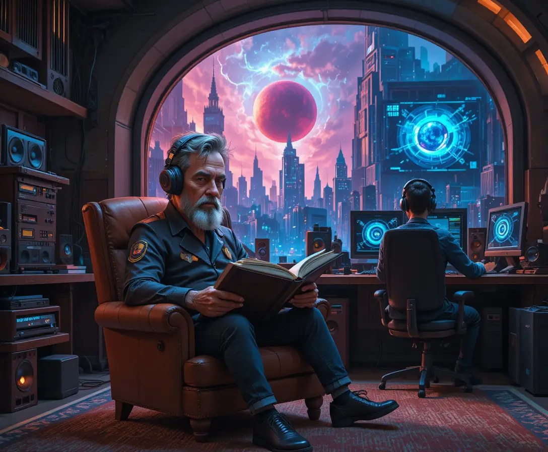 Middle aged man reading in a futuristic listening room