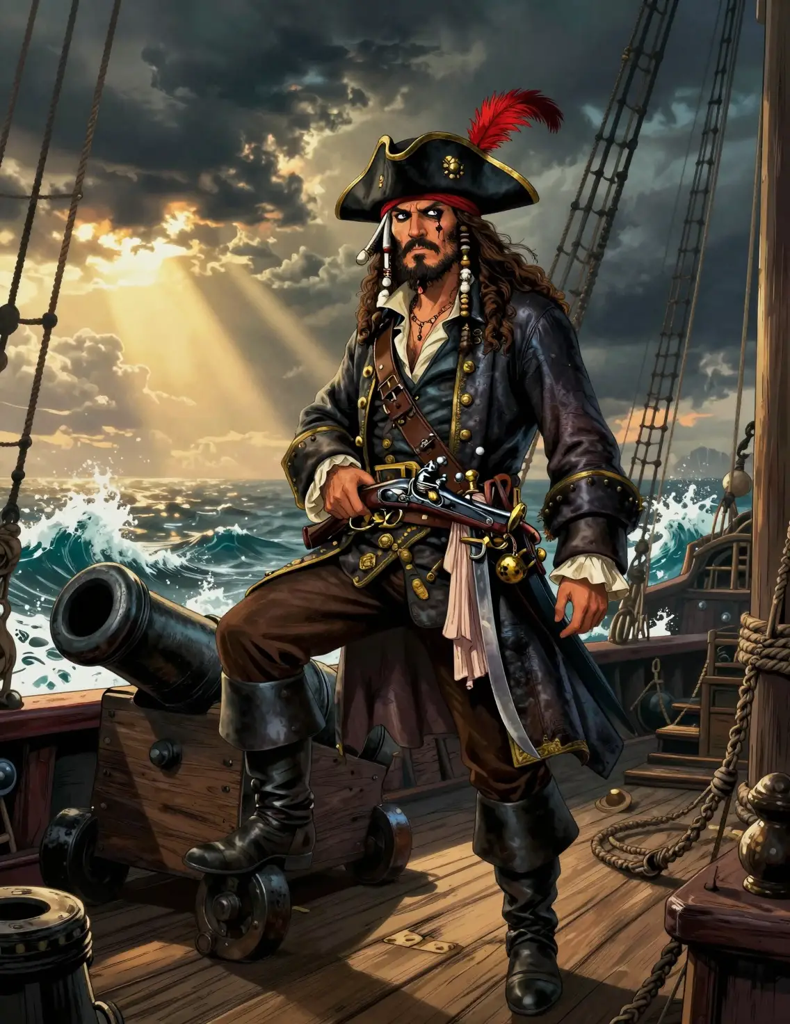 Pirate captain on stormy deck in graphic novel style