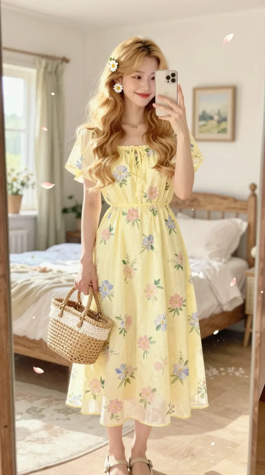 Watercolor girl mirror selfie in sunny floral bedroom
