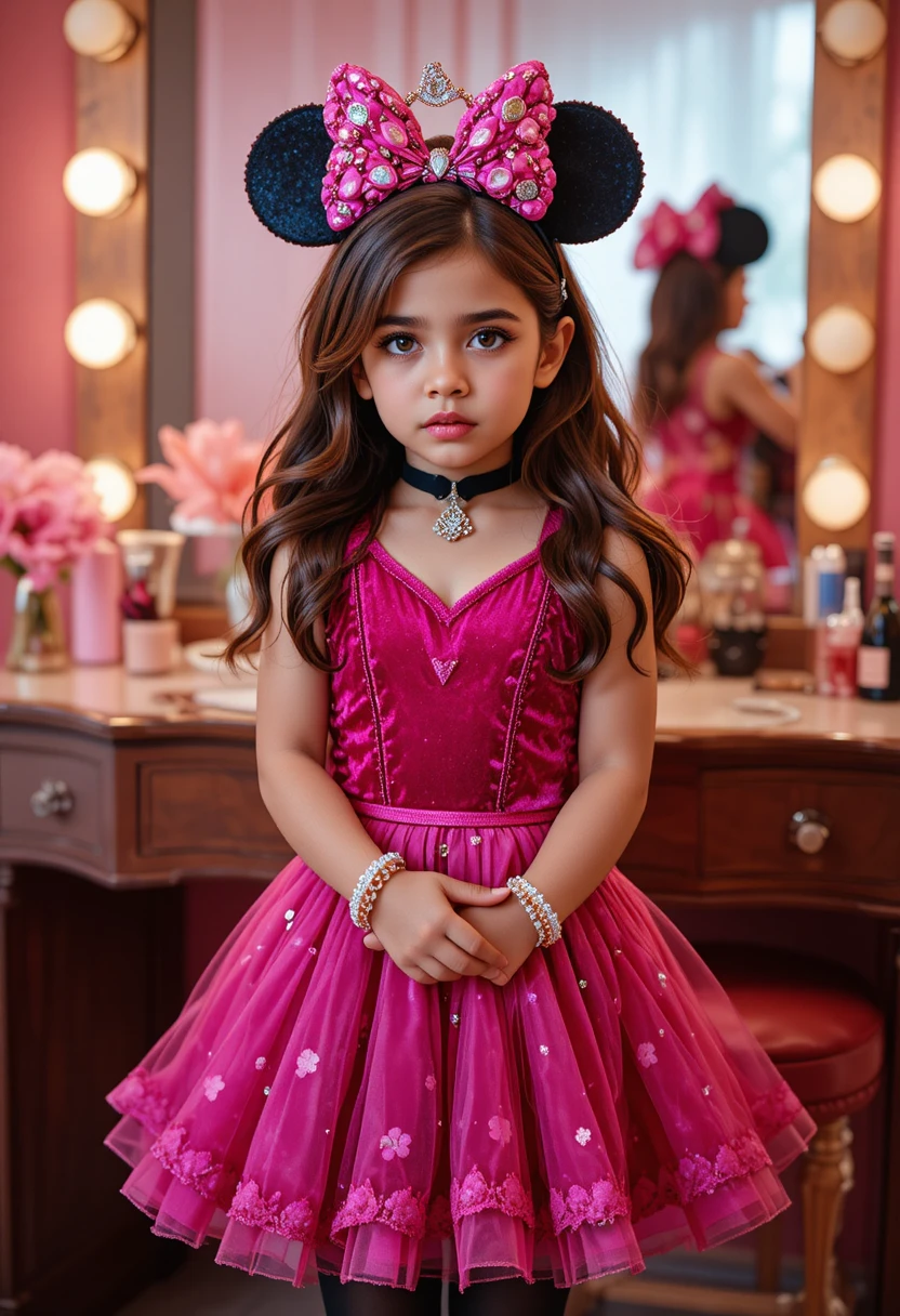 Nervous boy posing in pink dress before a vanity mirror