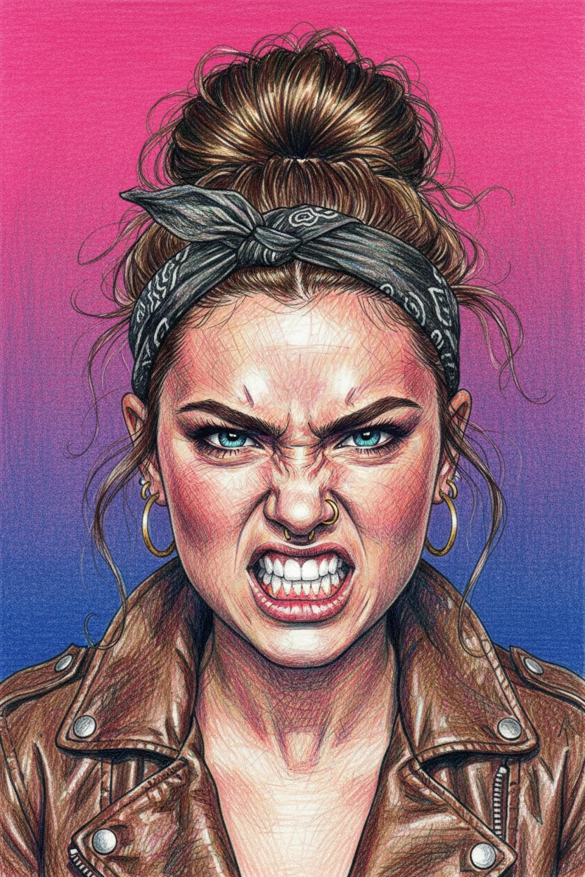 Angry young woman snarling in vivid cross hatched portrait