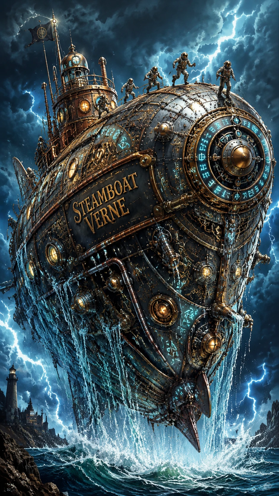 Mechanical submarine bursting from a stormy retro futurist sea