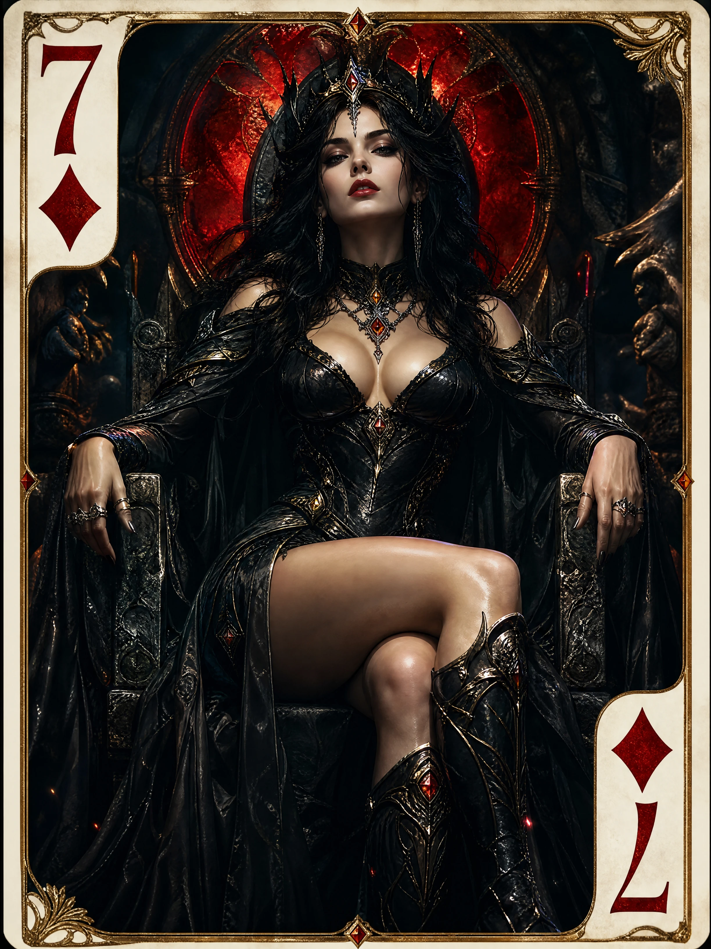 Gothic fantasy goddess framed within seven of diamonds card