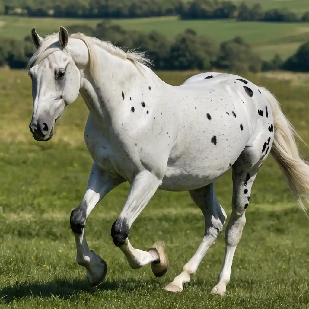 White spotted horse trotting across a sunny grassy field