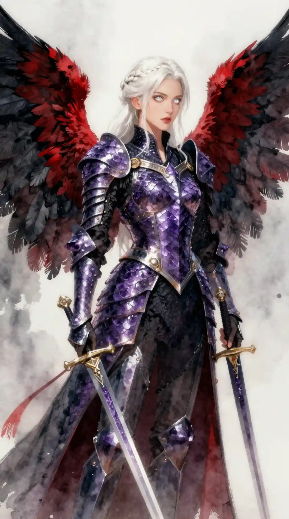 Winged warrior woman in amethyst dragon scale armor