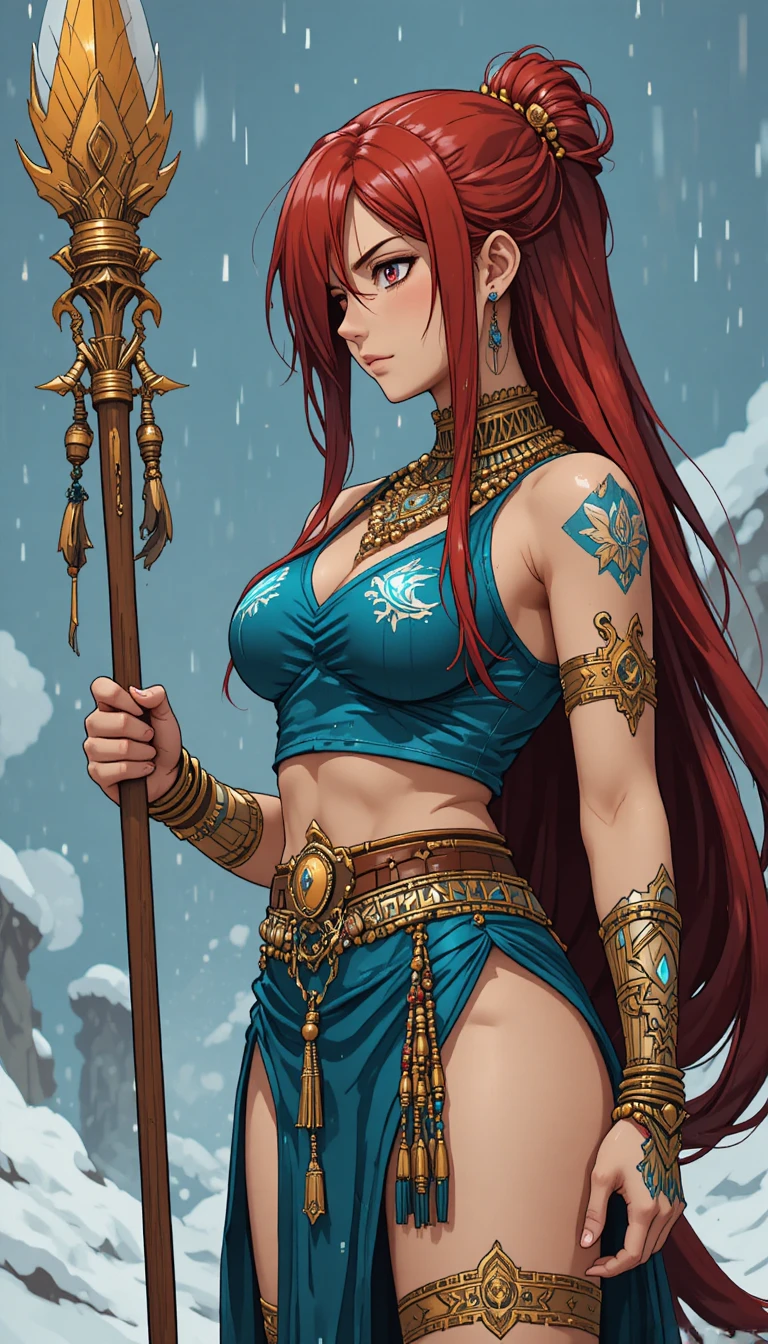 Anime warrior woman with spear in snowy park