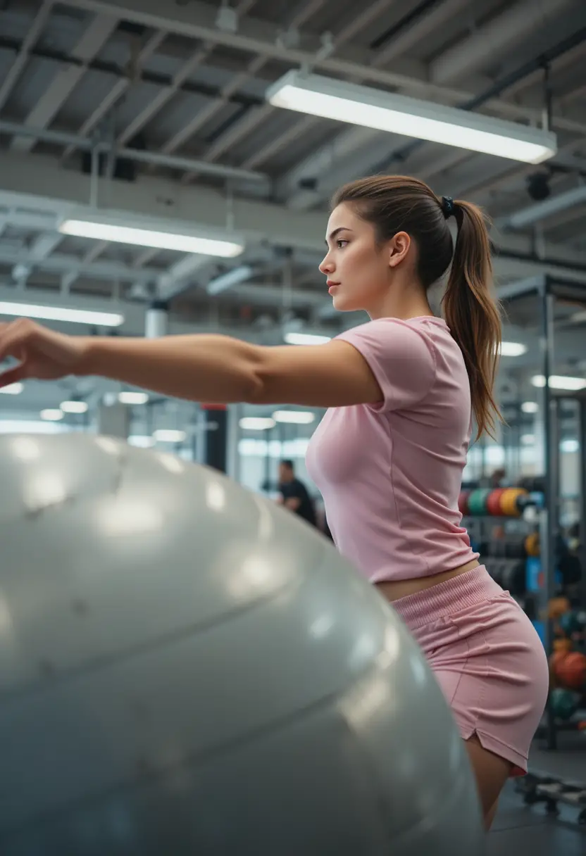 Young woman stretching beside exercise ball in modern gym