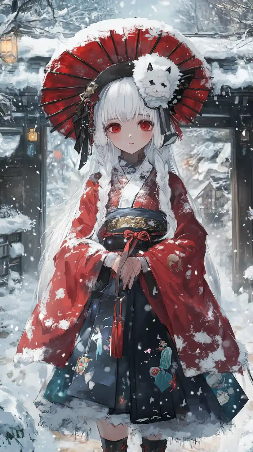 Anime girl with white hair and sword in layered outfit