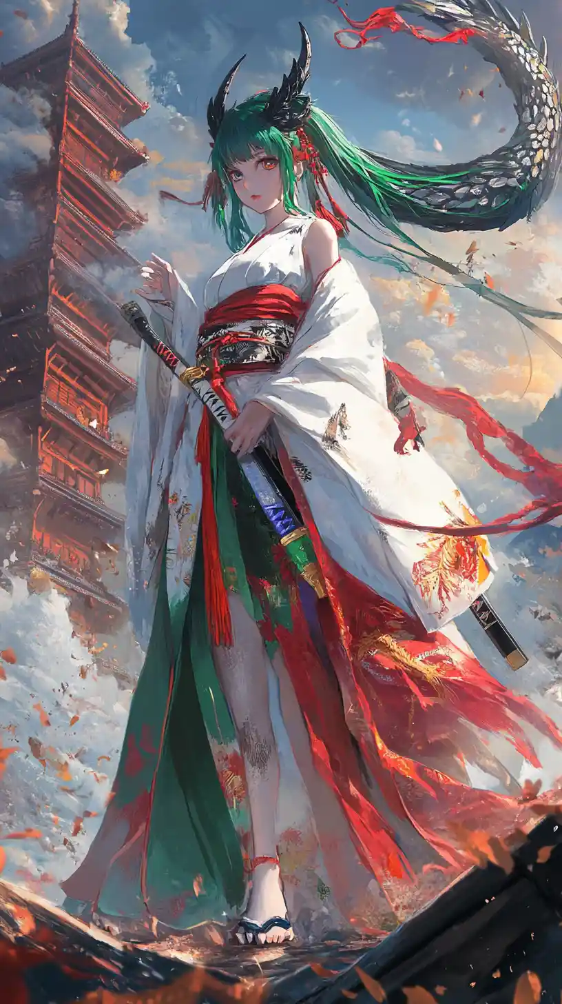 Horned anime girl with emerald hair and katana