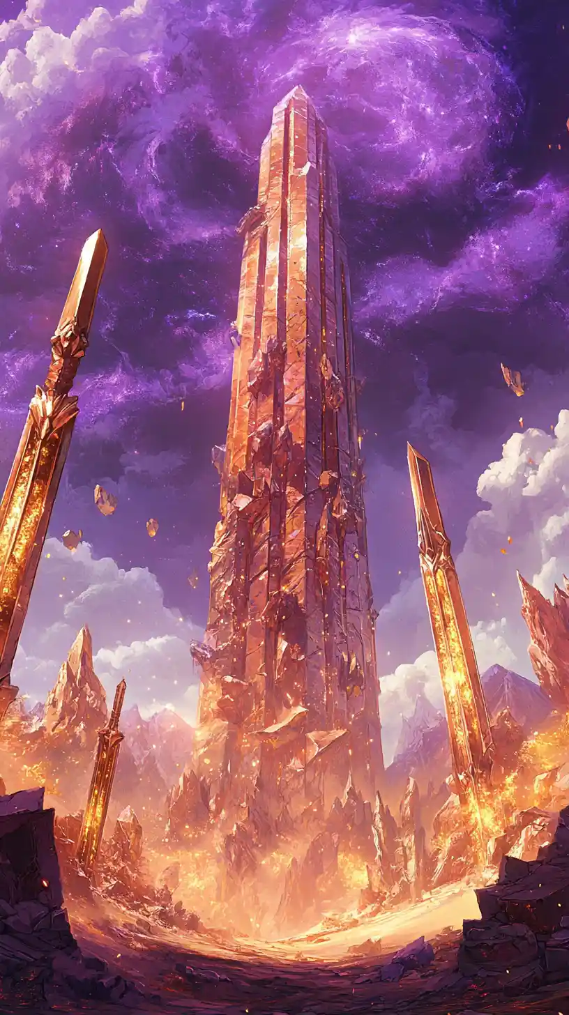 Twisted steel tower beside brick wall of giant swords
