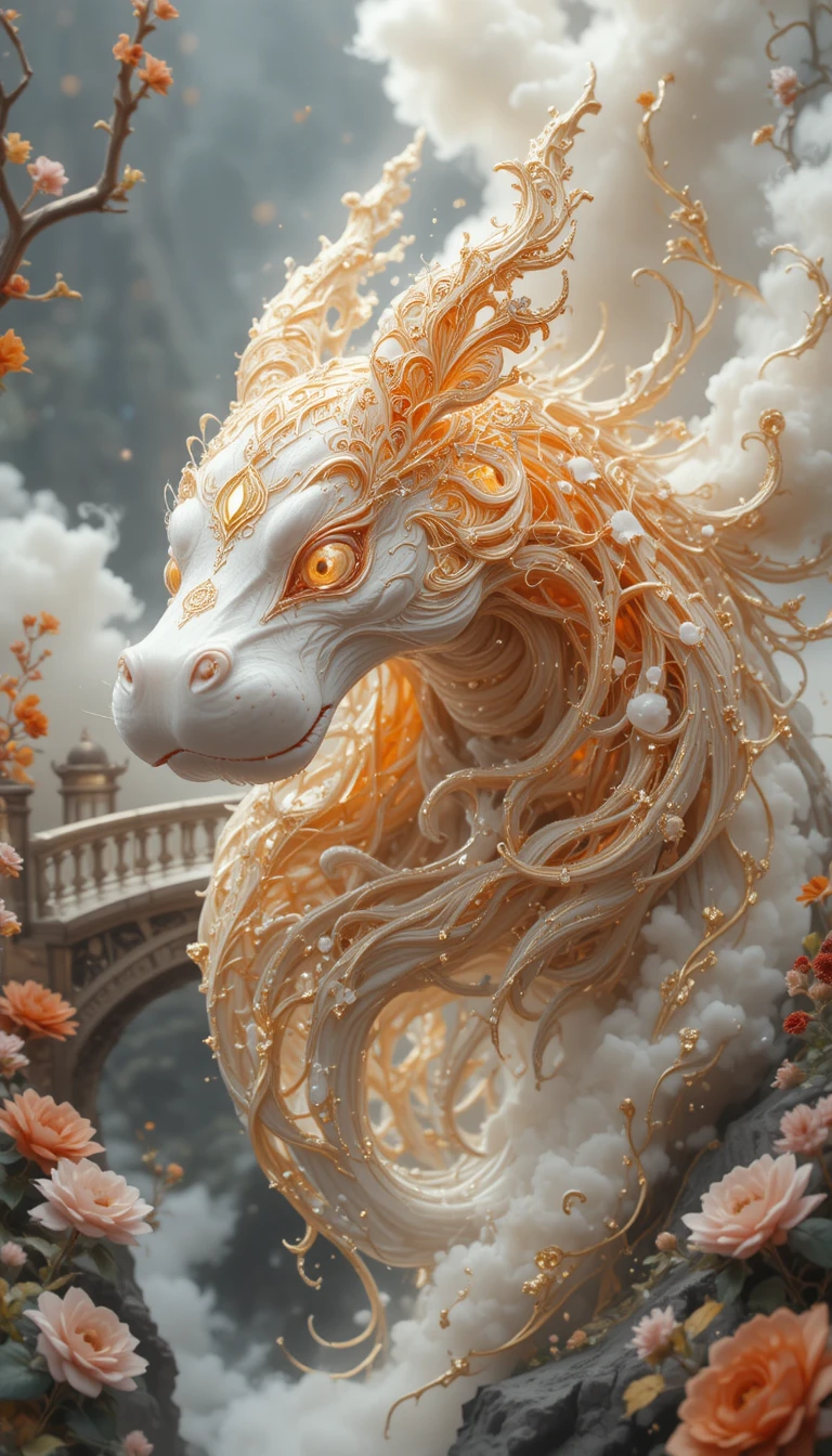 Mythical Spirit Creature Near Ornate White Fantasy Palace